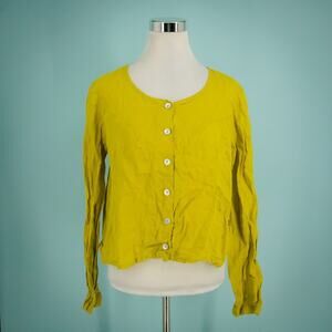 Amy Rigg Size Large L Lime Green Button Crew Long Sleeve Boxy Artsy Linen Top